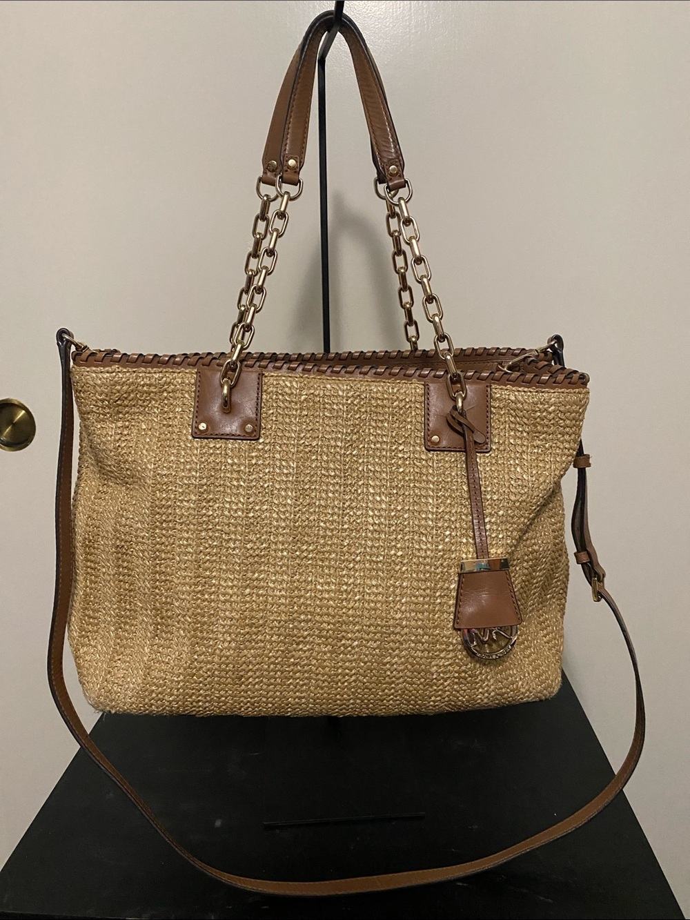 Michael Kors Woven Straw Tote Bag with Brown Leather Trim